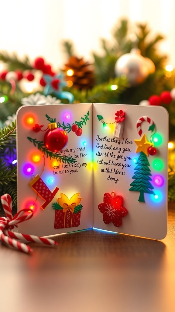 Handmade Christmas card with lights, featuring festive decorations and a heartfelt message.